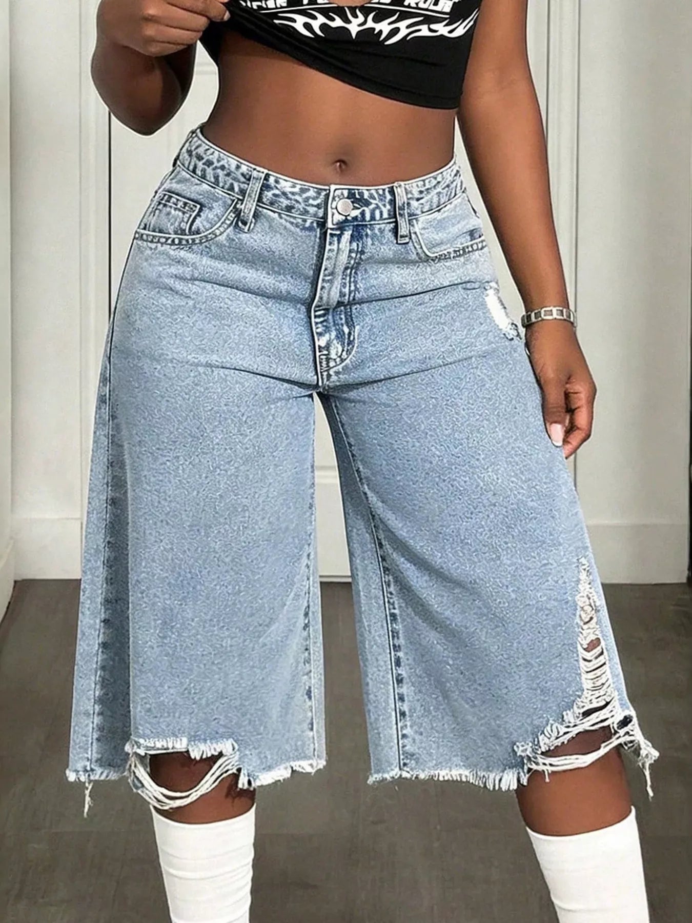 Distressed Wide-Leg Denim Shorts Shopimist