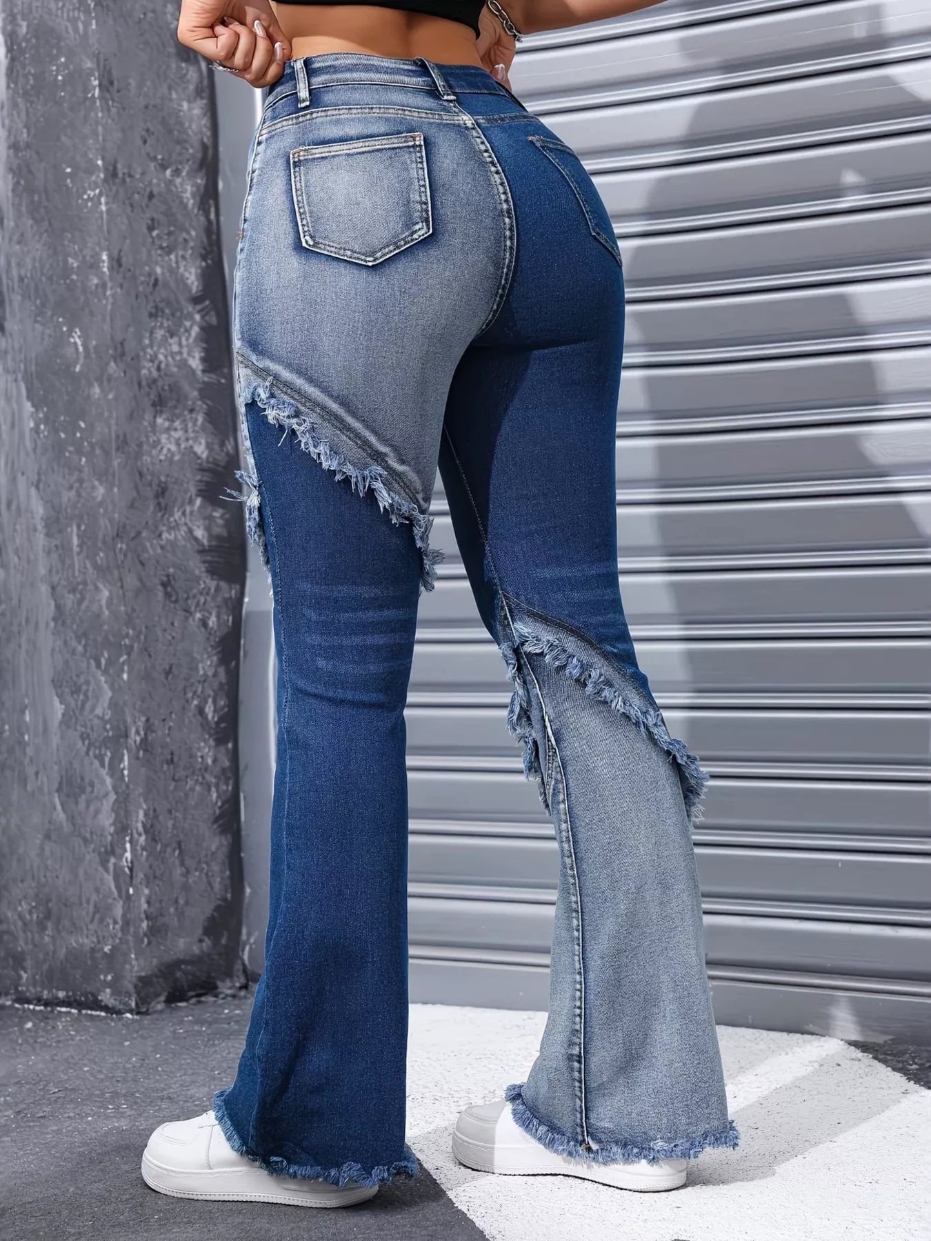 Two Tone Frayed Hem Flare Jeans Shopimist