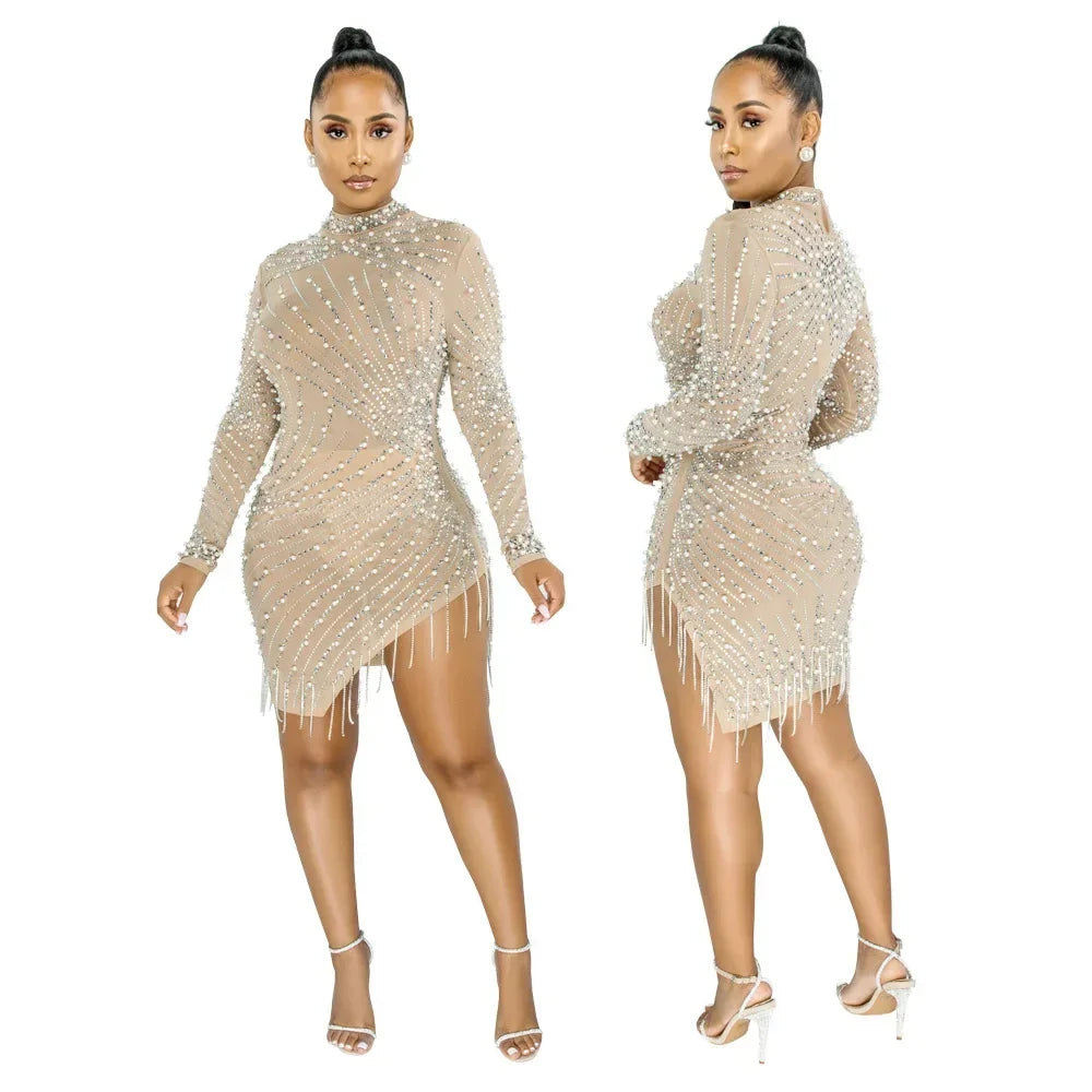 2023 Spring See-Through Mesh Diamonds Dress Women Sexy Slim Elastic Mini Dresses Tassel Lady Club Party Night Outfit