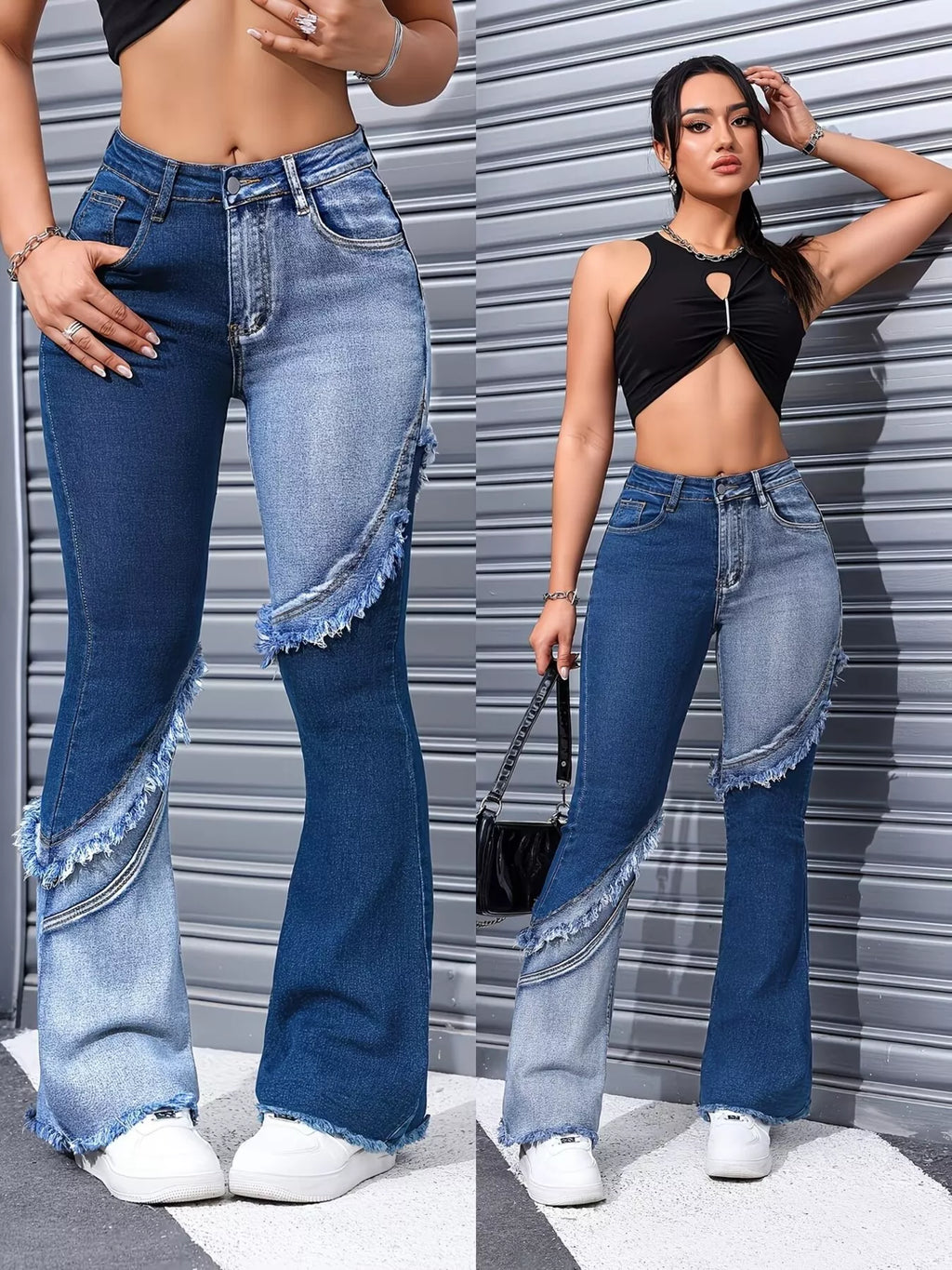 Two Tone Frayed Hem Flare Jeans Shopimist