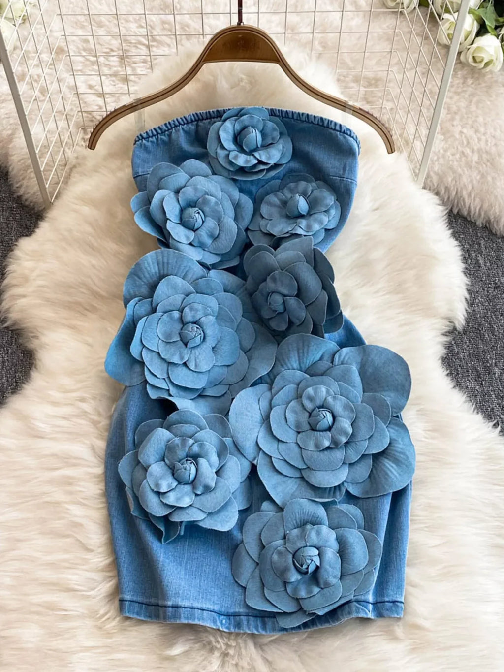Floral Applique Strapless Denim Dress Shopimist