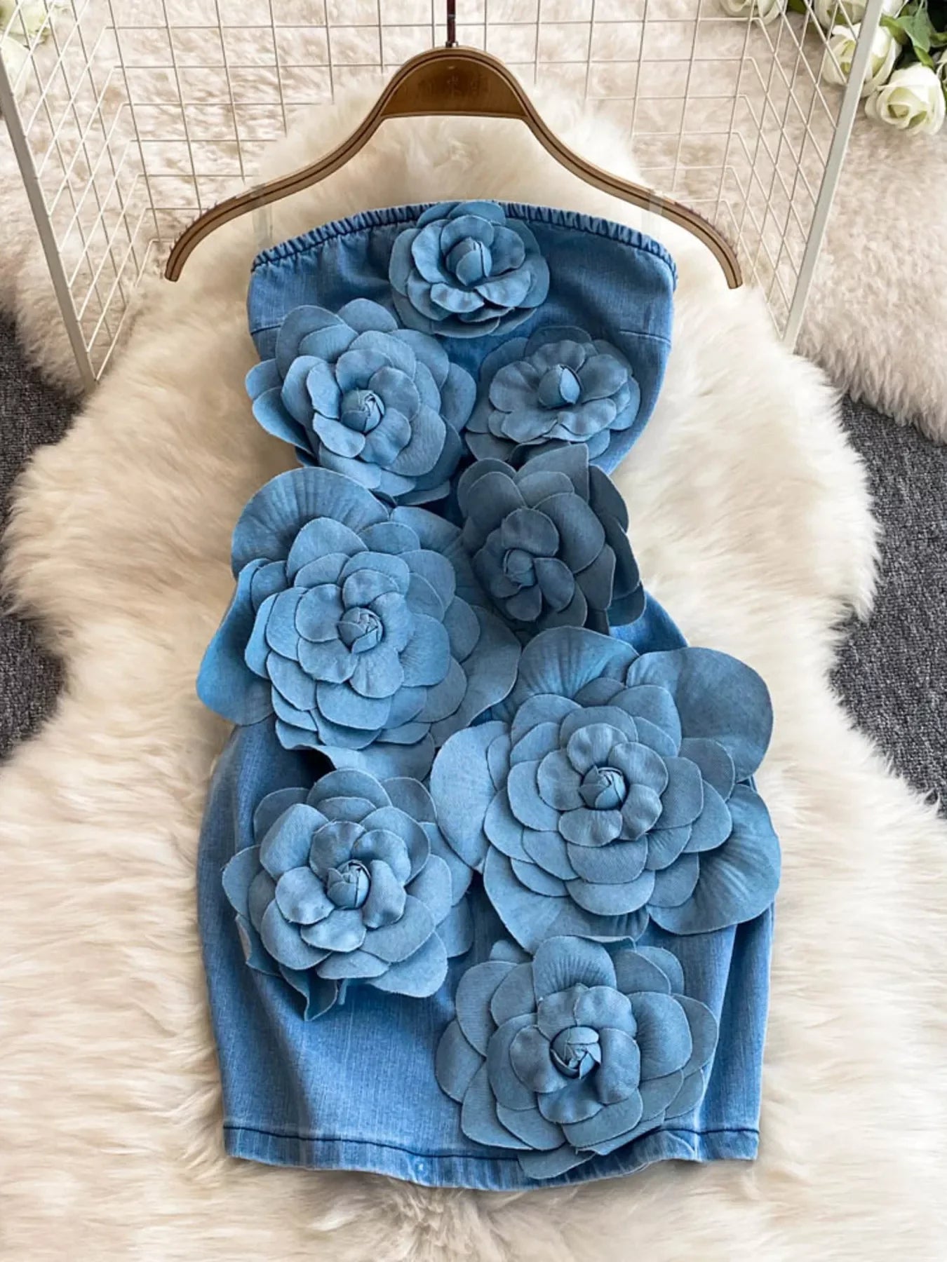 Floral Applique Strapless Denim Dress Shopimist
