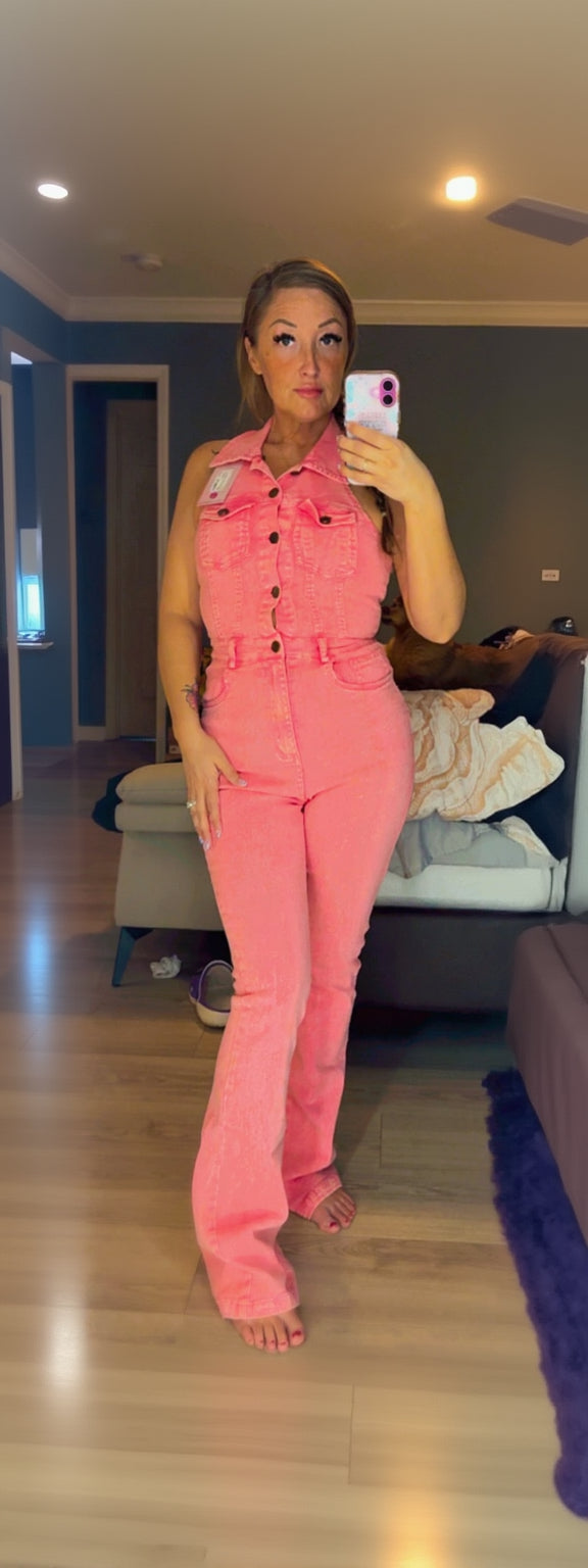 Pink Denim Halter Jumpsuit - Bold & Stylish Coco’s Tee Boutique