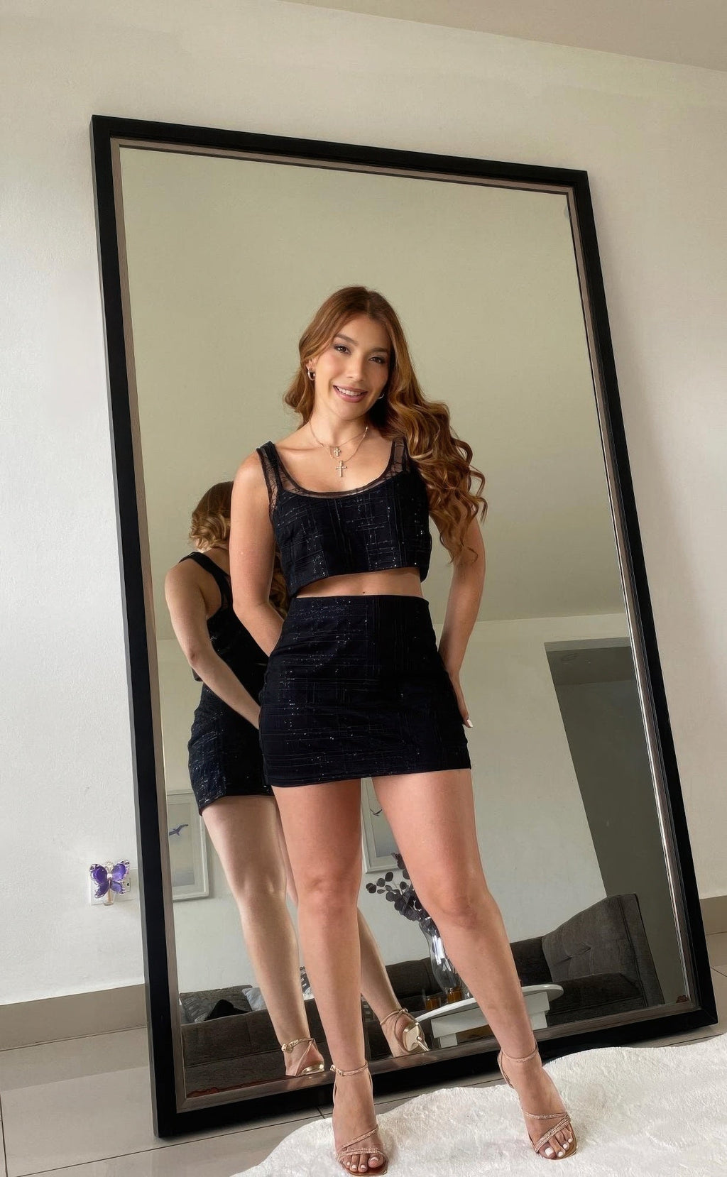 Black Sequin Detail Two Piece Set Crop And Skirt OyeraCharisma