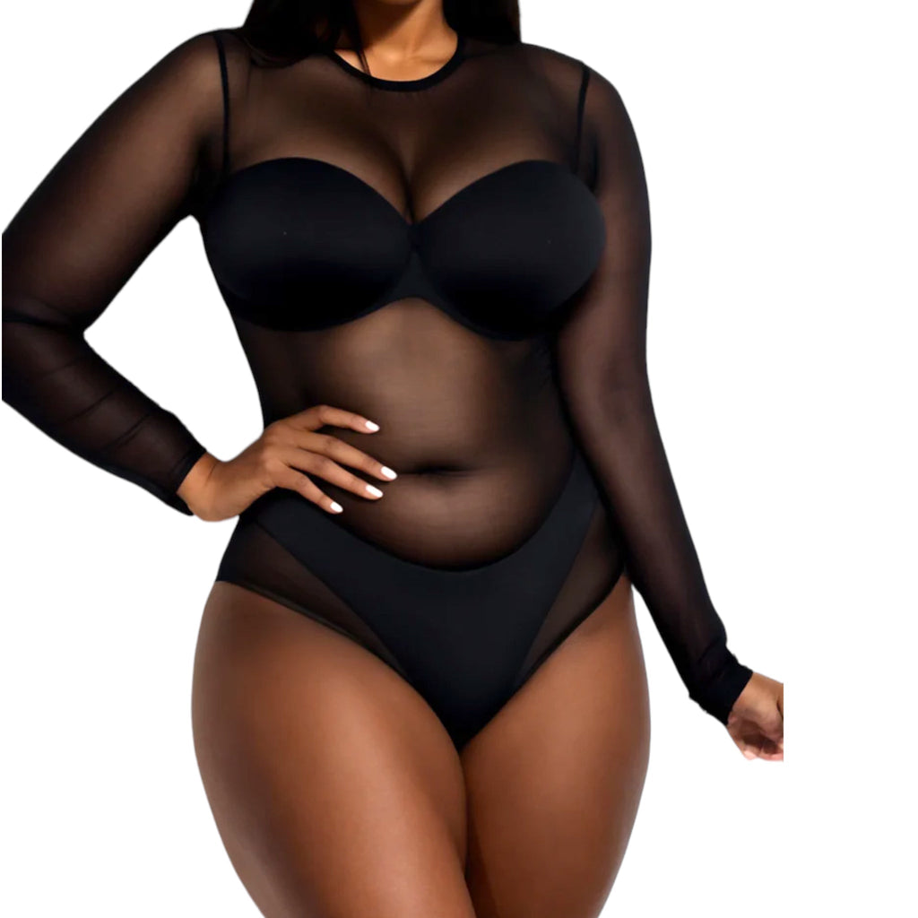 Womens Sheer Mesh Black Bodysuit ￼ Fabulously Dressed Boutique