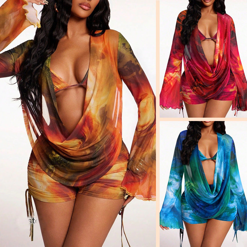 Printed Sexy Long Sleeve Cover Up Bikini Three Piece Swimsuit Boyshorts Slimming Swimwear for Women SHOMICOBOUTIQUE