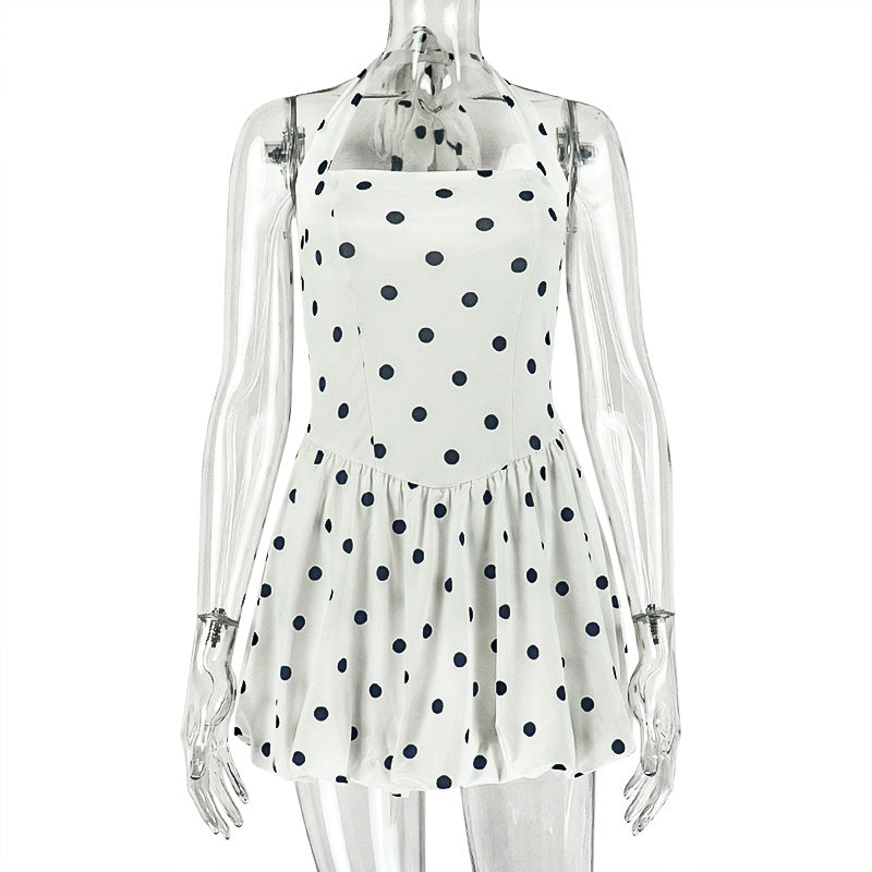 Black White Women Printed Wear Polka Dot Cinched Pleated A line Dress Halter Short Sleeveless Dress Tide Ragazza