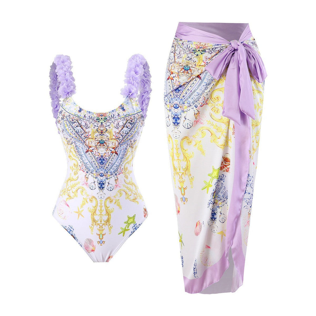 One Piece Printed Skirt Conservative Swimwear Two Piece Women Swimsuit