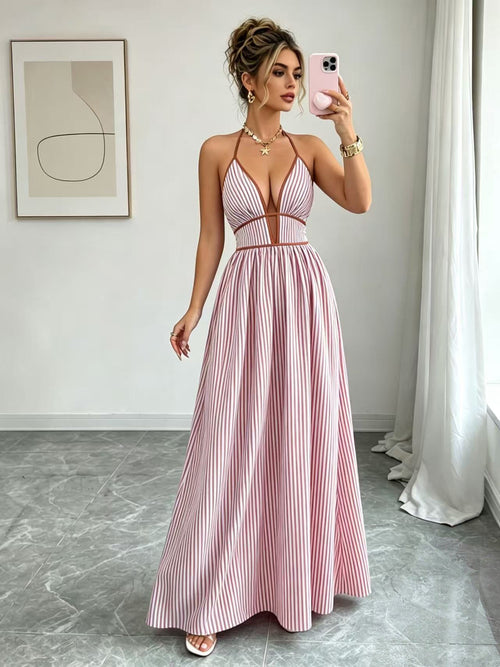 Casual Sleeveless Halter Fitted Waist Striped Color Matching Long Maxi Dress