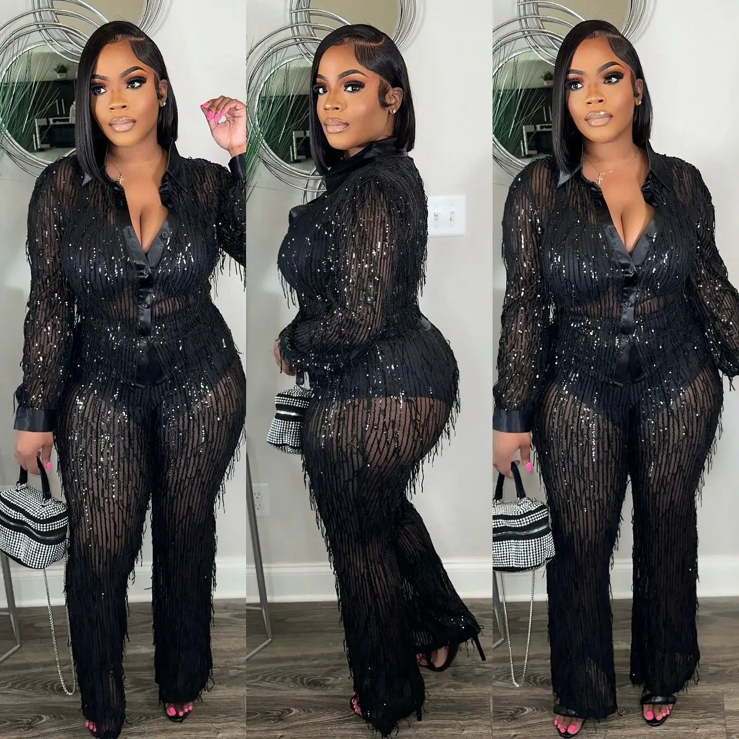 Fringe Sequin Two-Piece Pant Set