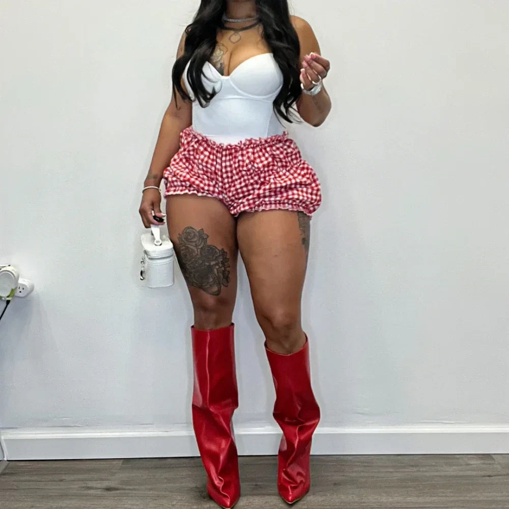 Sweet Plaid Print Ruched Shorts Two Piece-Set