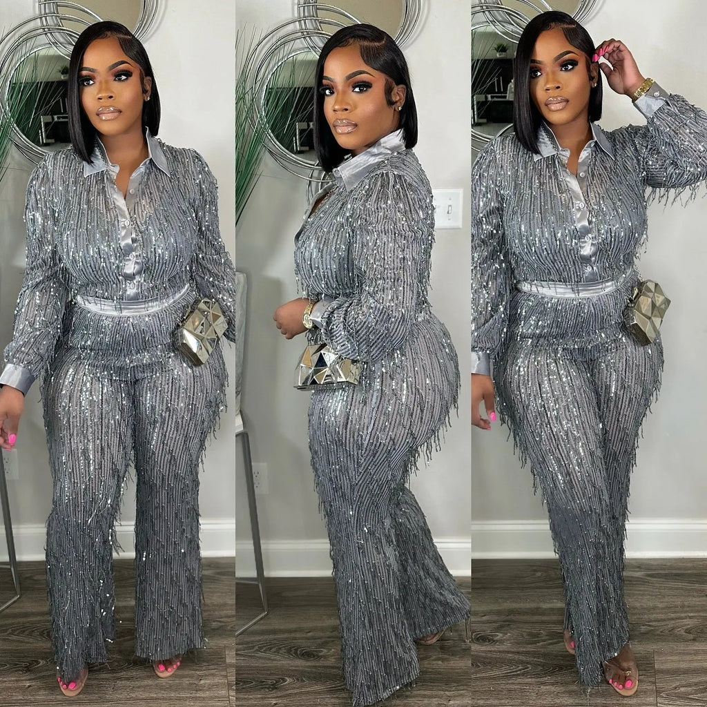 Fringe Sequin Two-Piece Pant Set