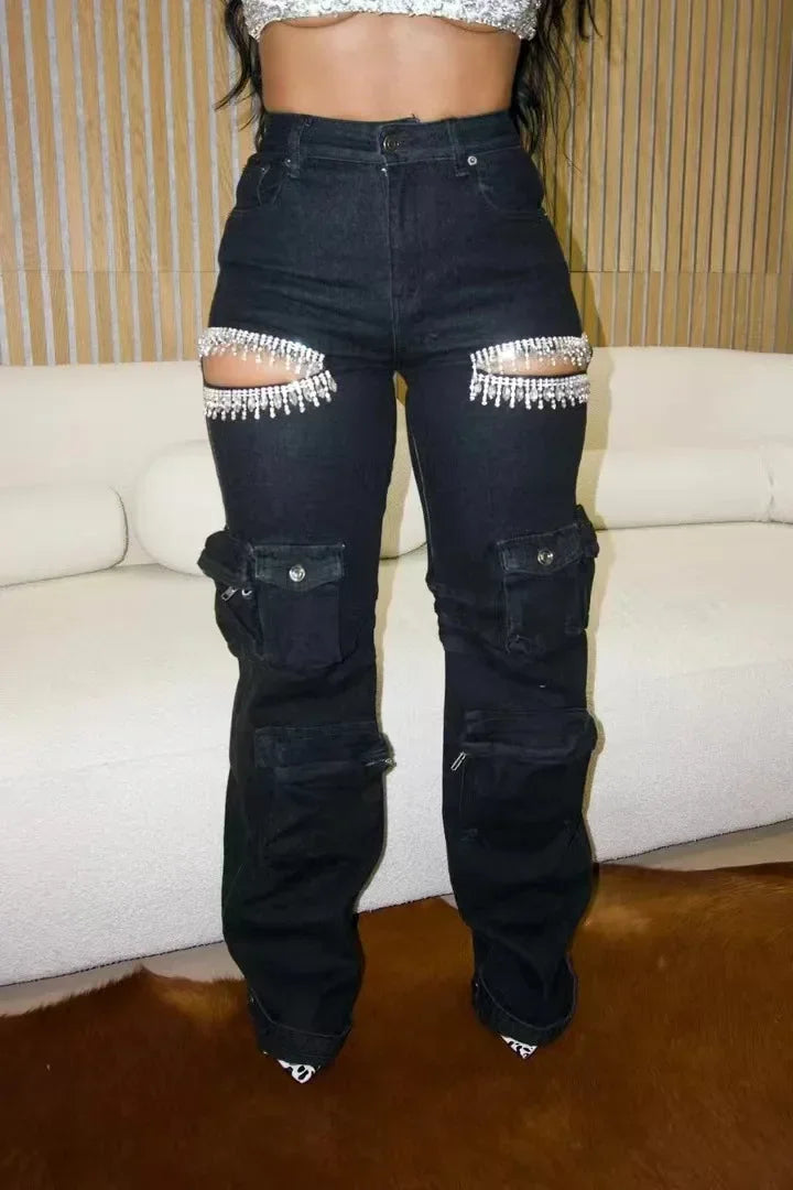 Tina Retro Rhinestone Cargo Pocket Jeans