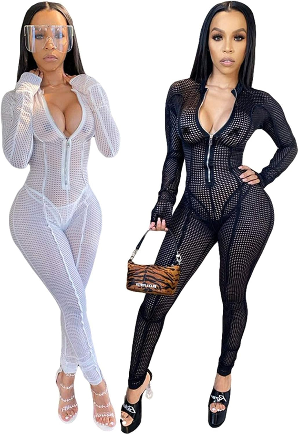 See through Jumpsuits for Women Sexy - Mesh Sheer Long Sleeve One Piece Outfits Clubwear