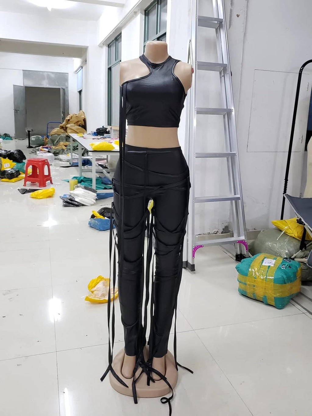 Two Piece Outfits for Women Sexy PU Leather Crop Top Bandage Bodycon Slit Pants Clubwear