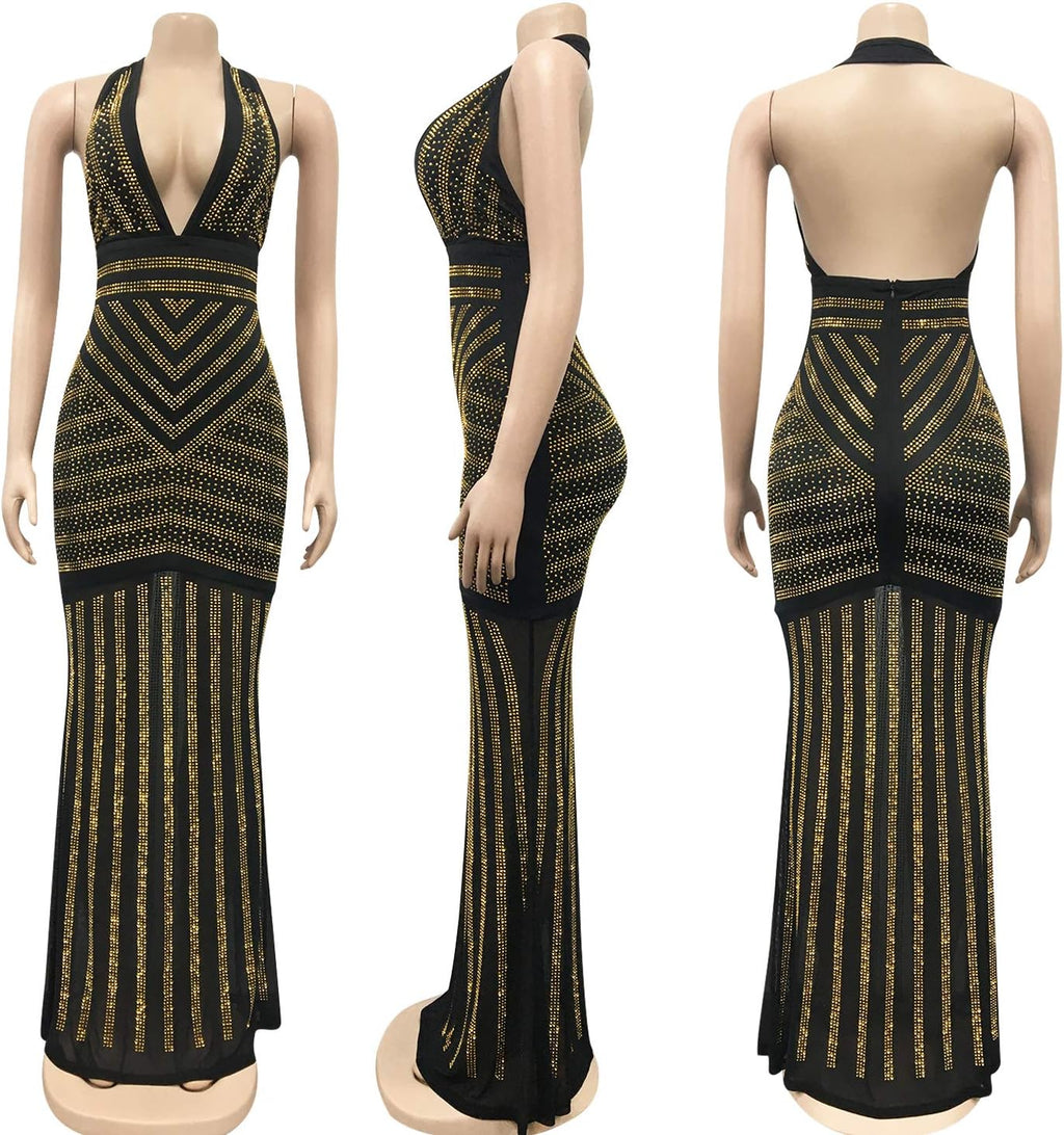 Women'S Sexy Rhinestone Mesh See through Party Night Prom Dress