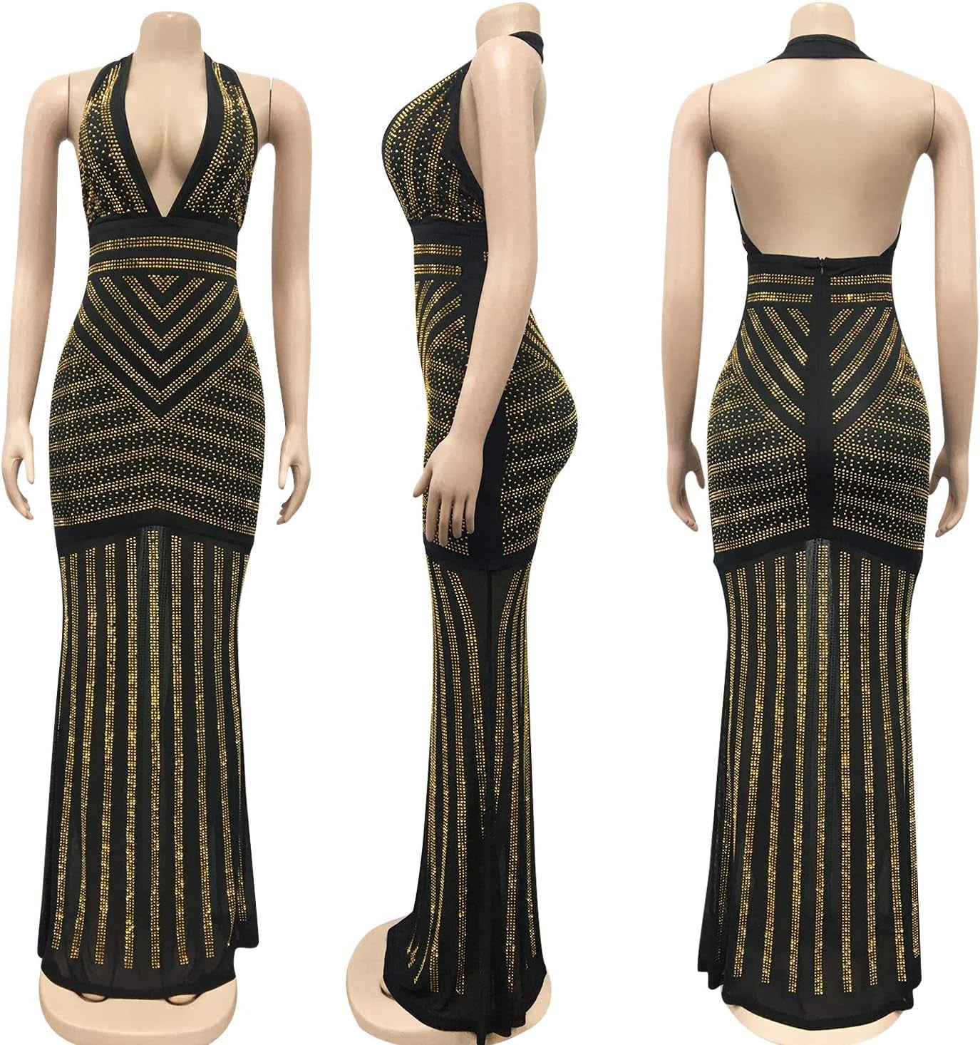 Women'S Sexy Rhinestone Mesh See through Party Night Prom Dress