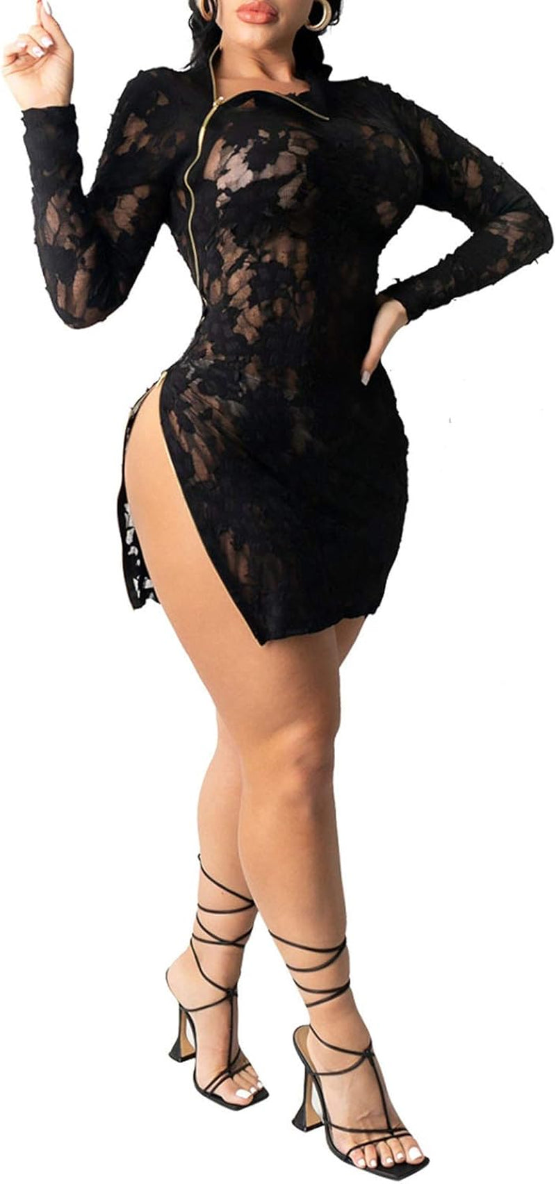 Women Sexy Sheer Mesh Boydcon Mini Dress See through Lace Long Sleeve Zipper Skinny Clubwear Party Dress Black