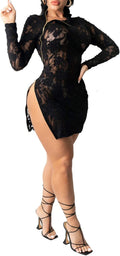 Women Sexy Sheer Mesh Boydcon Mini Dress See through Lace Long Sleeve Zipper Skinny Clubwear Party Dress Black