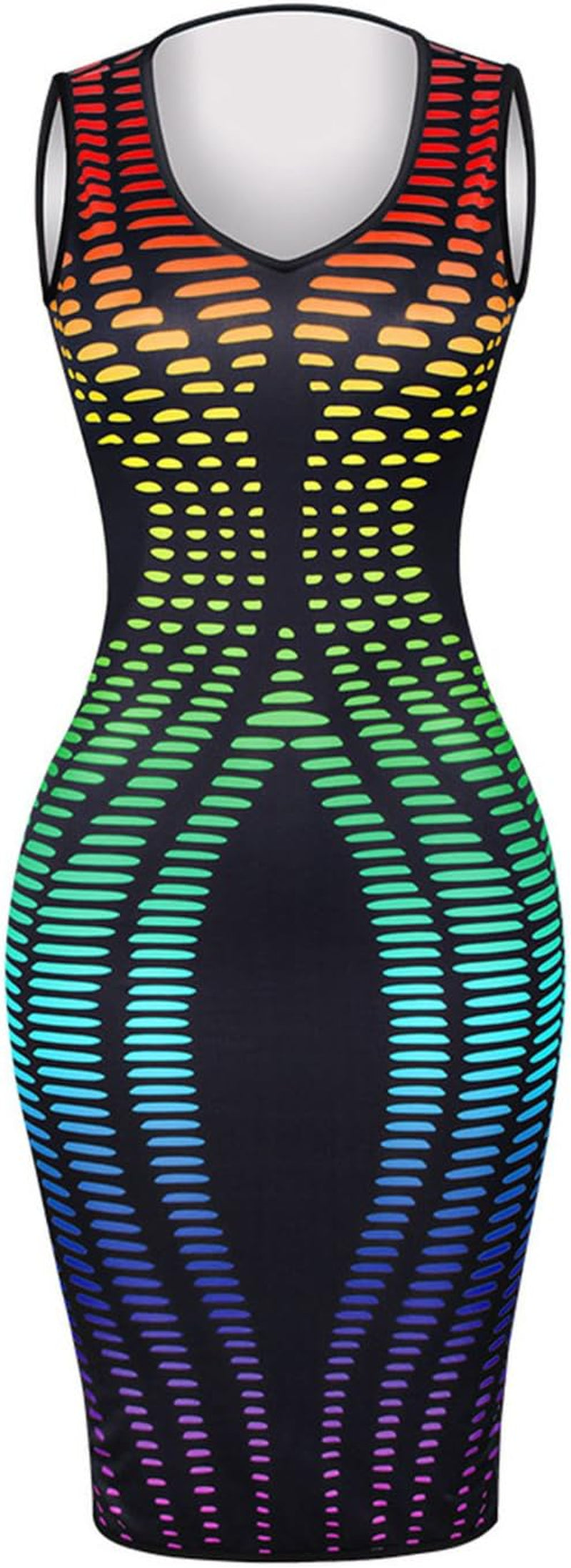 Women'S Sexy V-Neck Party Dresses Sleeveless Stripe Print Bodycon Midi Club Dress