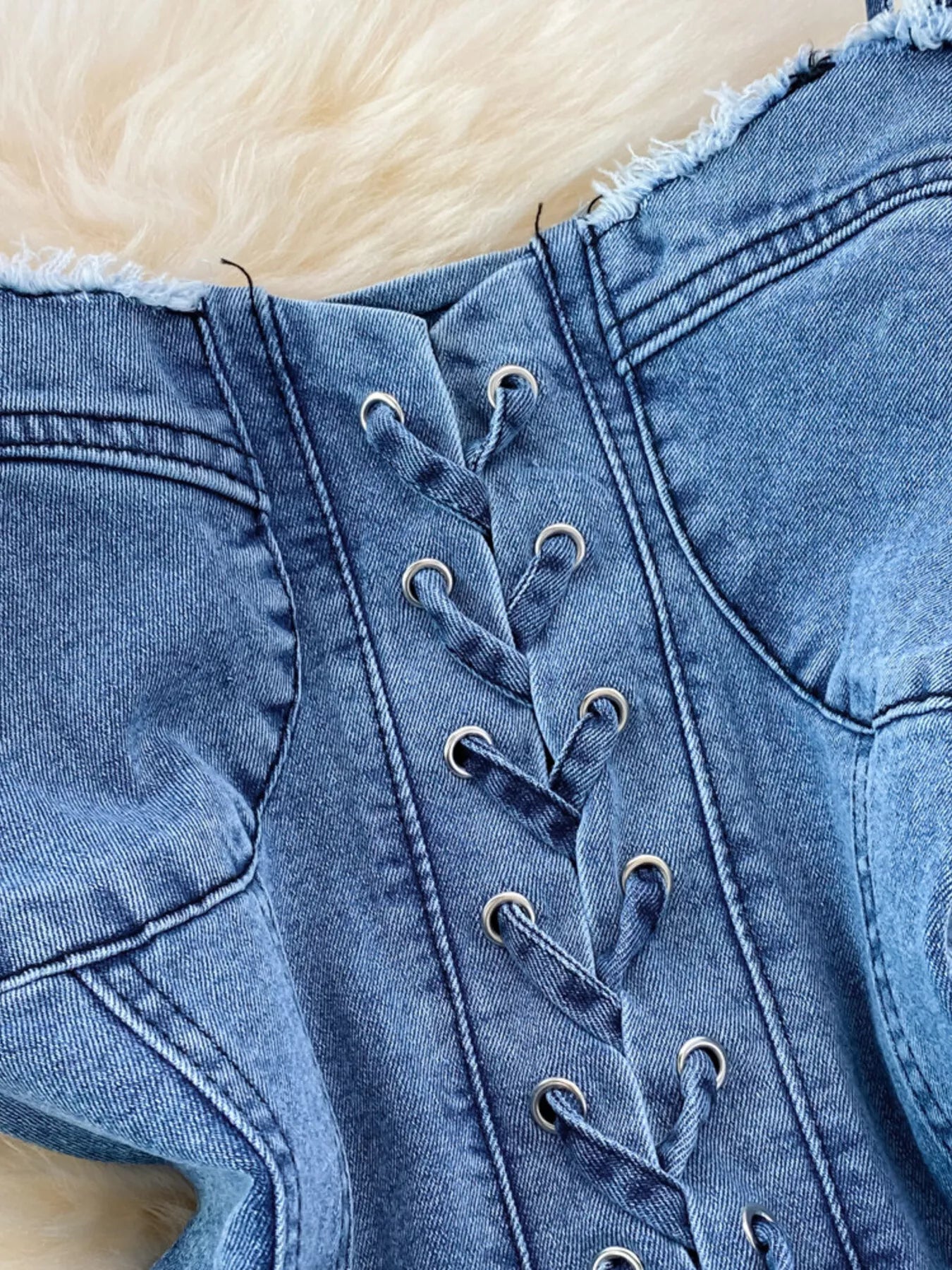 Lace-Up Denim A-Line Mini Dress Shopimist