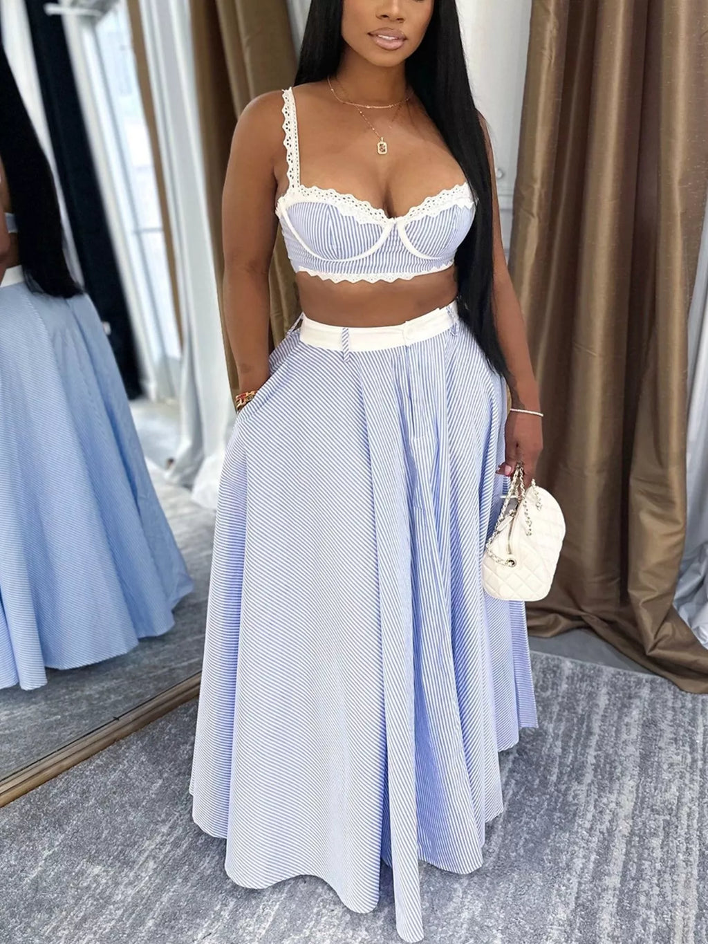Striped Lace Trim Cami and Skirt Two-Piece Set Shopimist