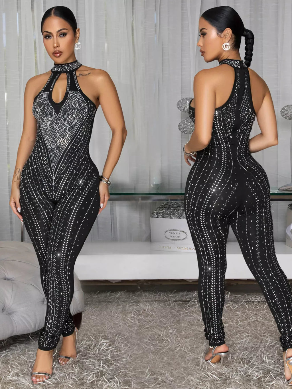 Sparkling Rhinestone Cutout Jumpsuit Shopimist