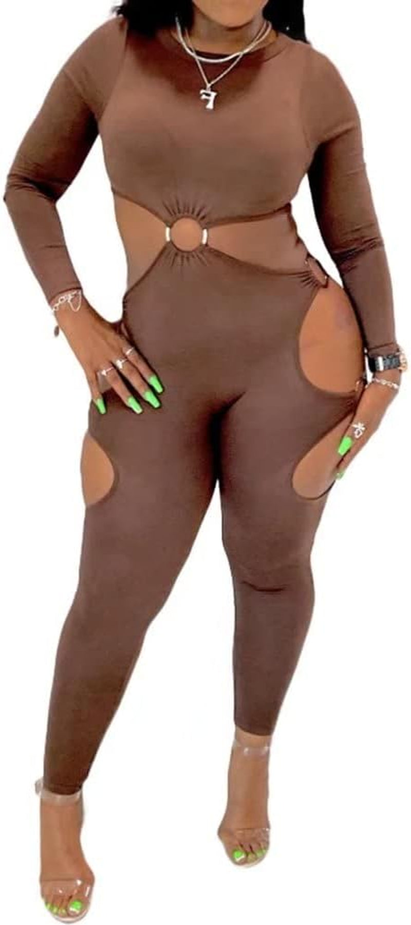 Womens Sexy Long Sleeve Bodycon Jumosuits Casual Cut Out Long Pants One Piece Rompers Clubwear Brown L