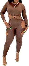 Womens Sexy Long Sleeve Bodycon Jumosuits Casual Cut Out Long Pants One Piece Rompers Clubwear Brown L