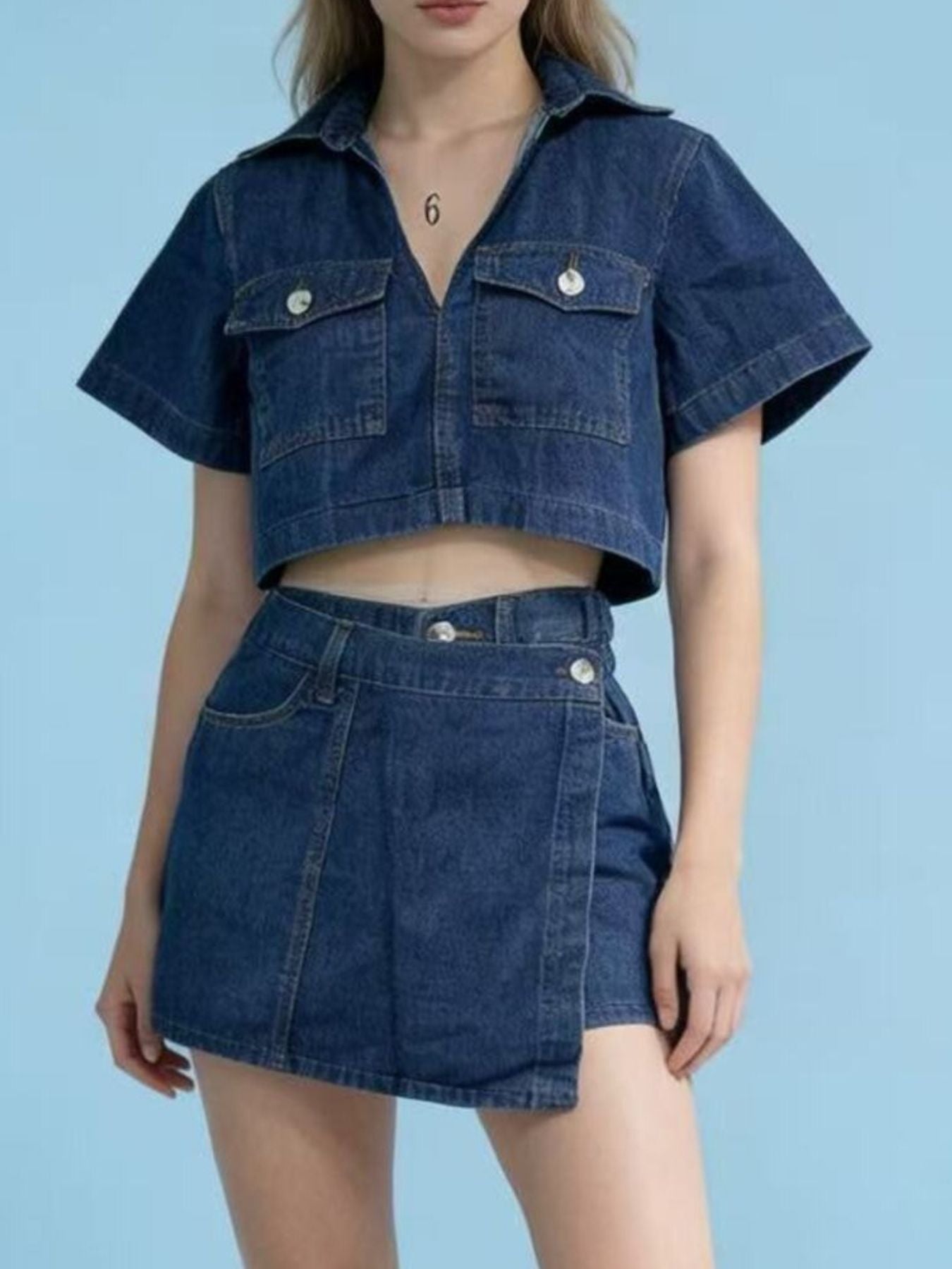 Short Sleeve Cropped Top and Skort Denim Set Wild and Free Boutique