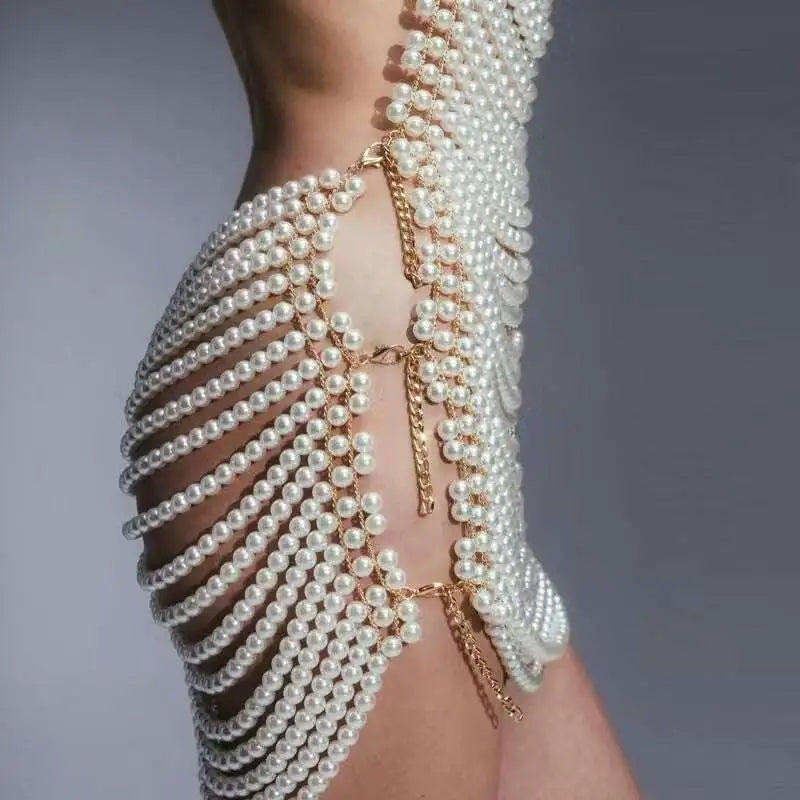 Beaded Halter Fashion Party Pearl Chain Dress
