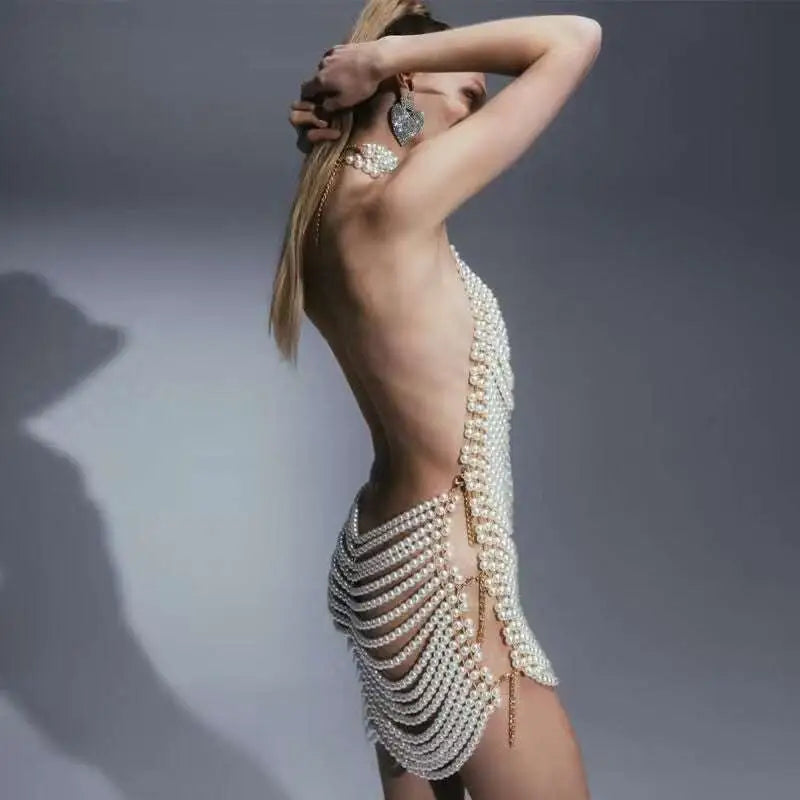 Beaded Halter Fashion Party Pearl Chain Dress