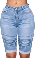 Women Mid Rise Elastic Zip Skinny Denim Knee Length Curvy Stretch Shorts Jeans