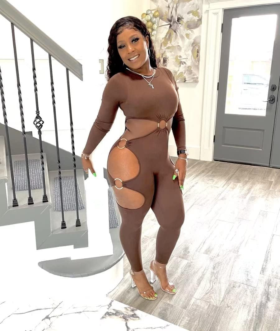 Womens Sexy Long Sleeve Bodycon Jumosuits Casual Cut Out Long Pants One Piece Rompers Clubwear Brown L