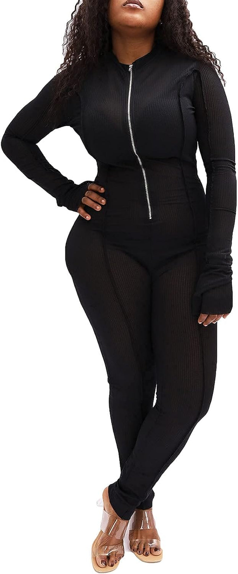 See through Jumpsuits for Women Sexy - Mesh Sheer Long Sleeve One Piece Outfits Clubwear