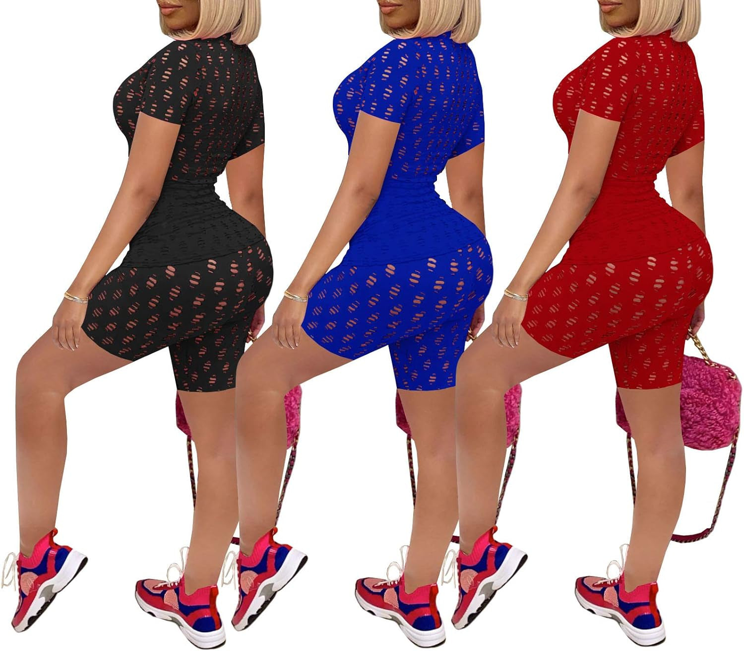 Two Piece Hollow-Out Jumpsuit for Women - Short Sleeve Bodycon Tops See through Bodycon Short Pants Set Jumpsuit Blue 2XL