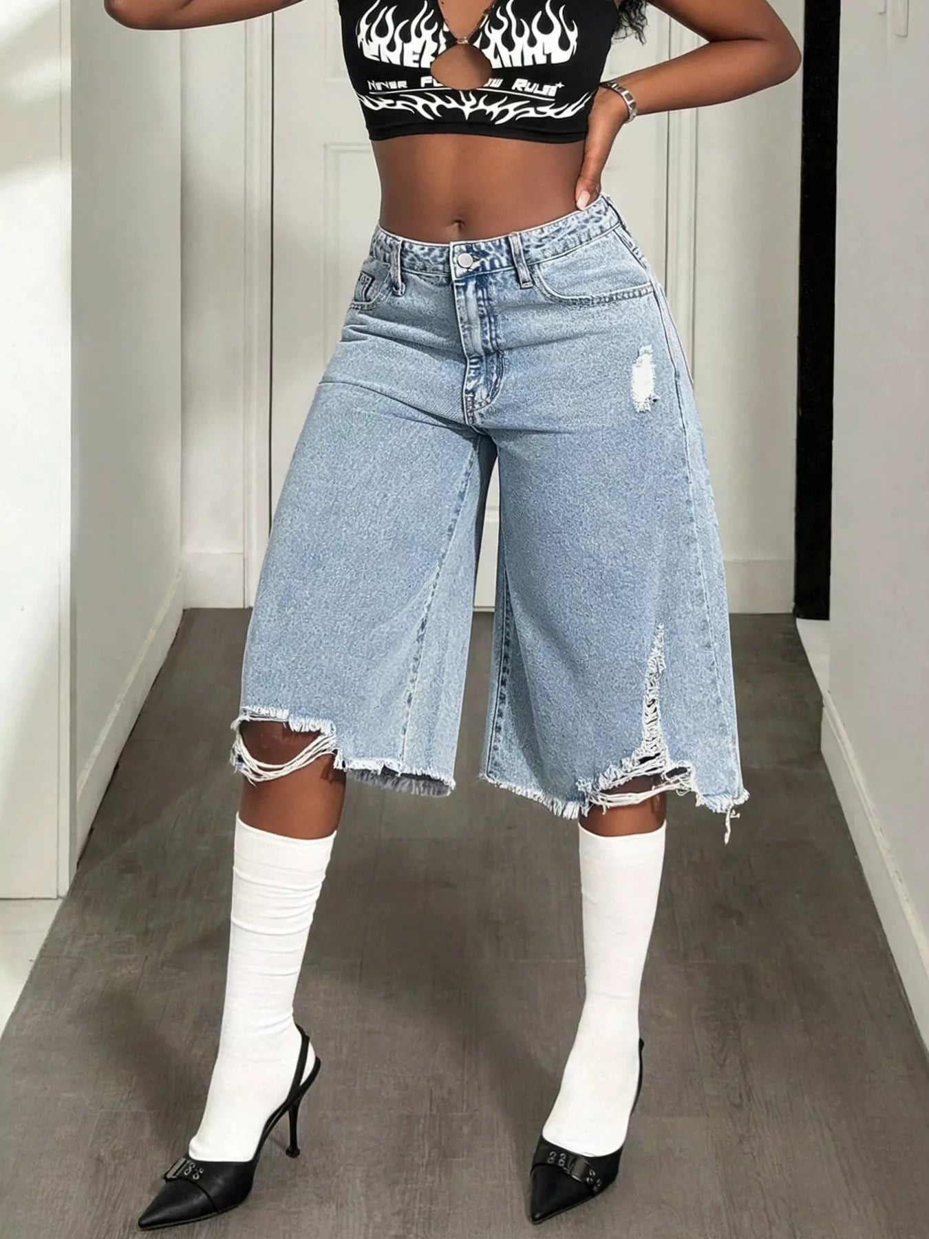Distressed Wide-Leg Denim Shorts Shopimist