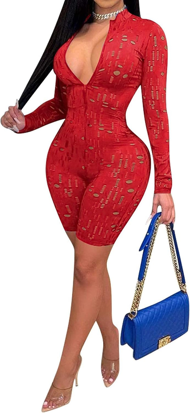Women Sexy V Neck One Piece Outfits Long Sleeve Solid Color See through Skinny Short Pants Club Romper Jumpsuit Red 2XL