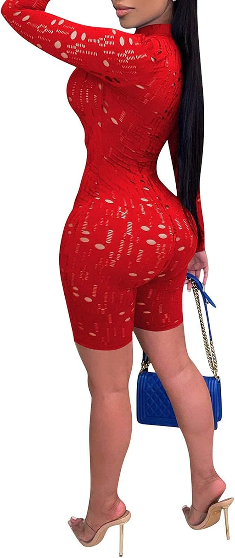 Women Sexy V Neck One Piece Outfits Long Sleeve Solid Color See through Skinny Short Pants Club Romper Jumpsuit Red 2XL