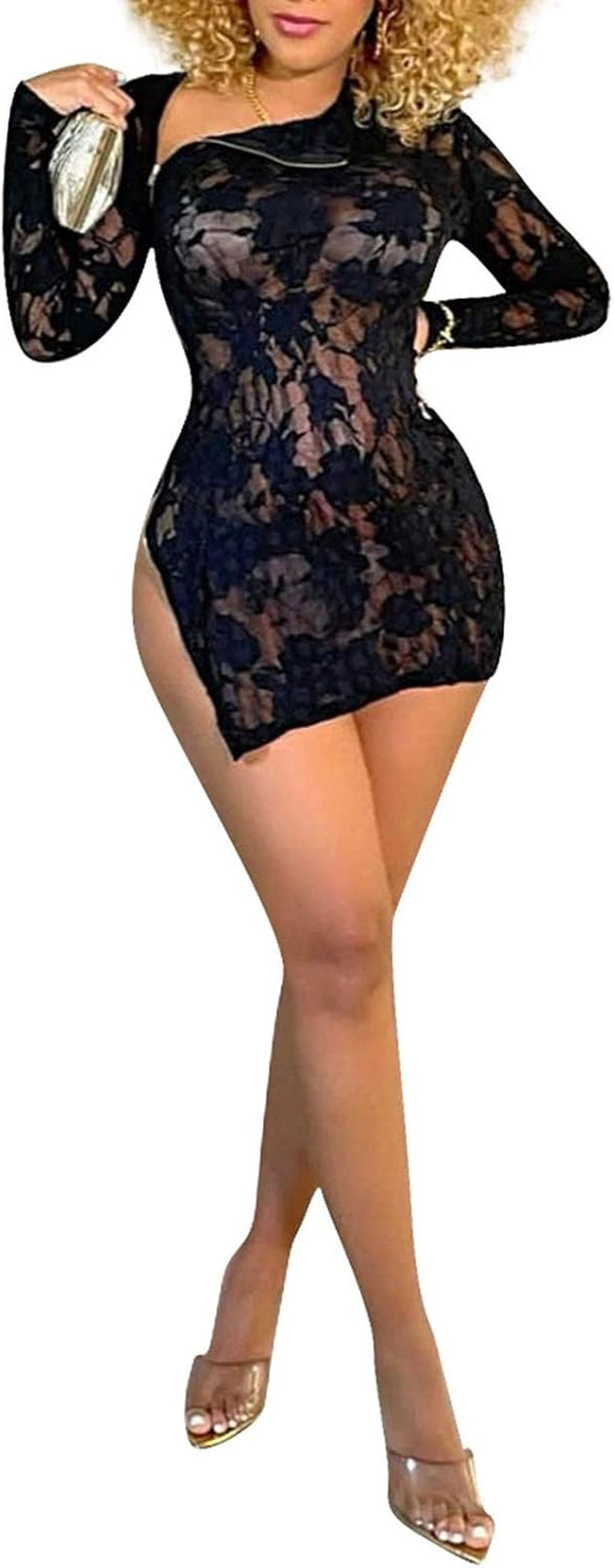 Women Sexy Sheer Mesh Boydcon Mini Dress See through Lace Long Sleeve Zipper Skinny Clubwear Party Dress Black