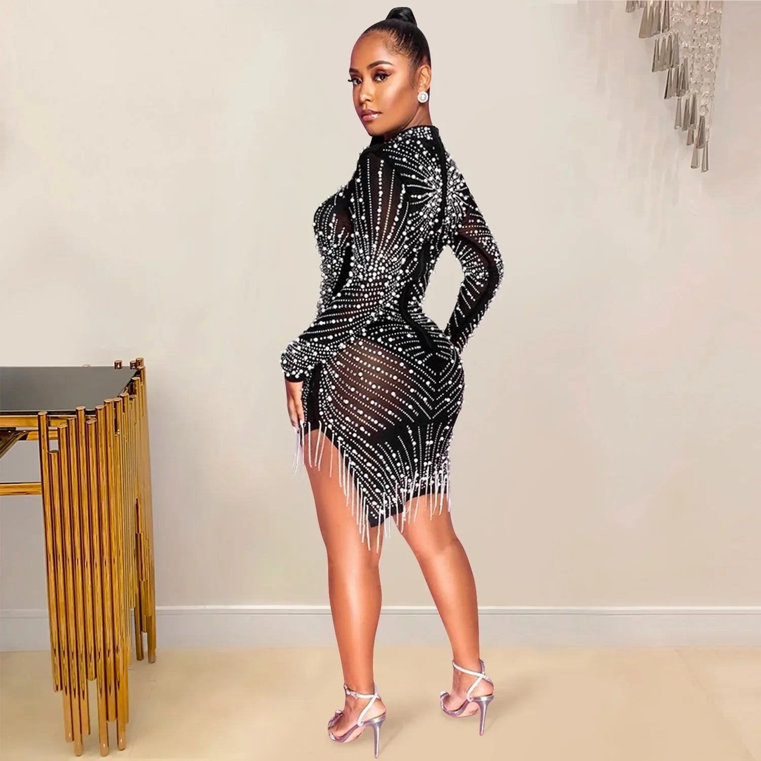 2023 Spring See-Through Mesh Diamonds Dress Women Sexy Slim Elastic Mini Dresses Tassel Lady Club Party Night Outfit