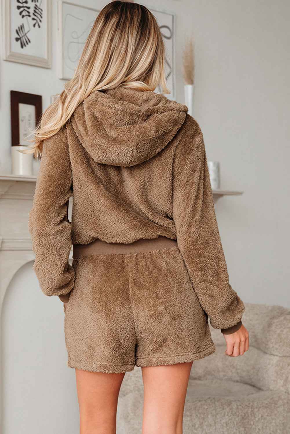 Parchment Zip Up Hoodie Drawstring Shorts Sherpa 2pcs Outfit Wild and Free Boutique