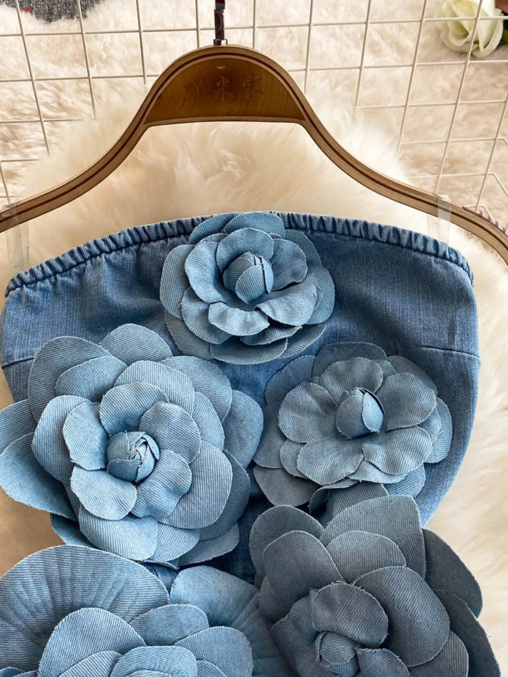 Floral Applique Strapless Denim Dress Shopimist