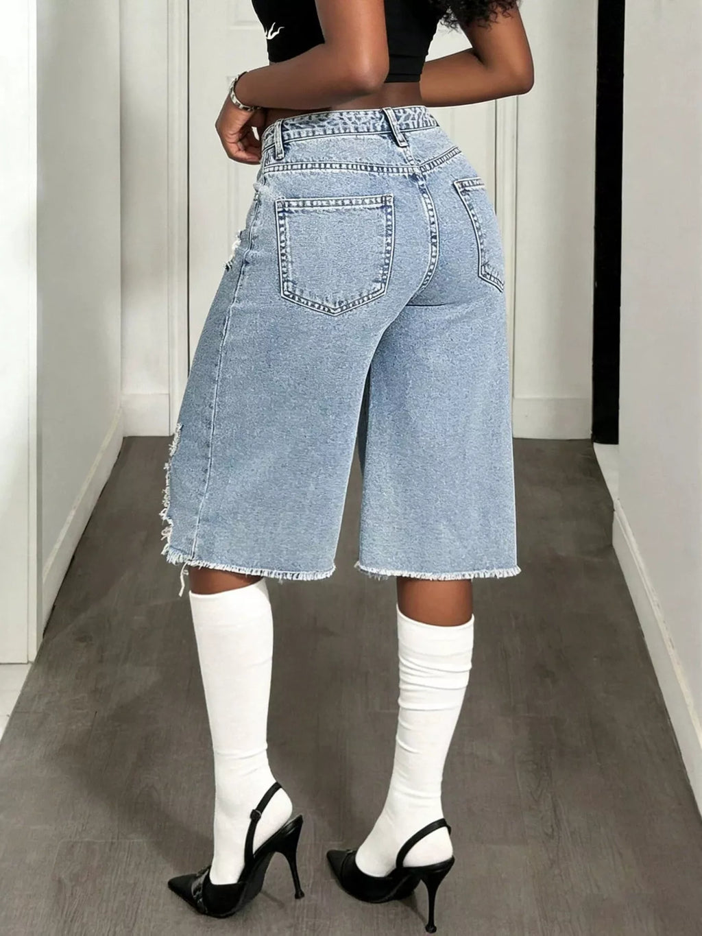 Distressed Wide-Leg Denim Shorts Shopimist
