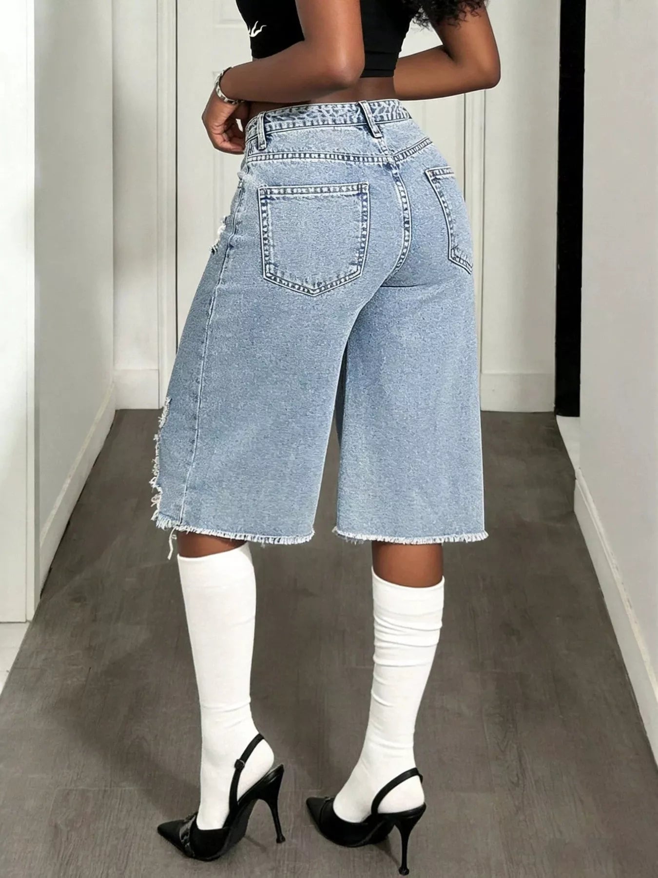 Distressed Wide-Leg Denim Shorts Shopimist