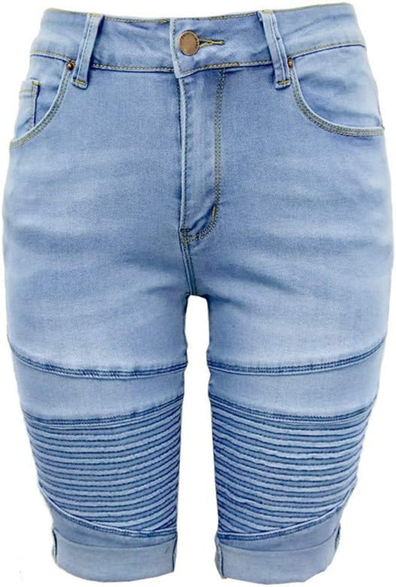 Women Mid Rise Elastic Zip Skinny Denim Knee Length Curvy Stretch Shorts Jeans