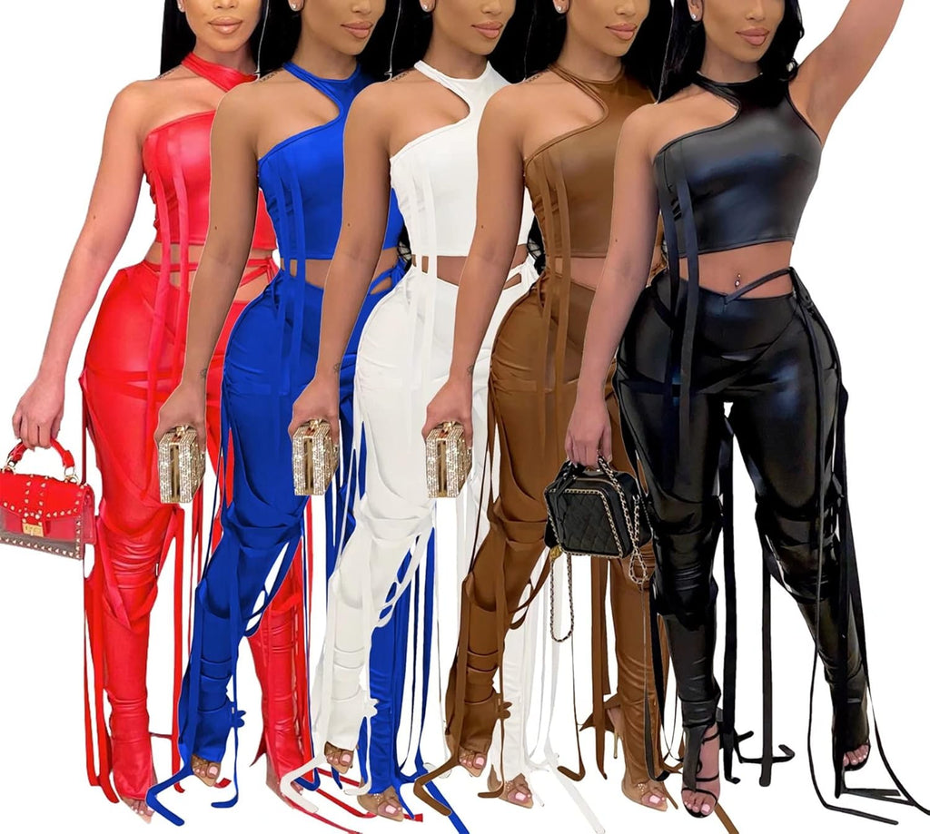 Two Piece Outfits for Women Sexy PU Leather Crop Top Bandage Bodycon Slit Pants Clubwear