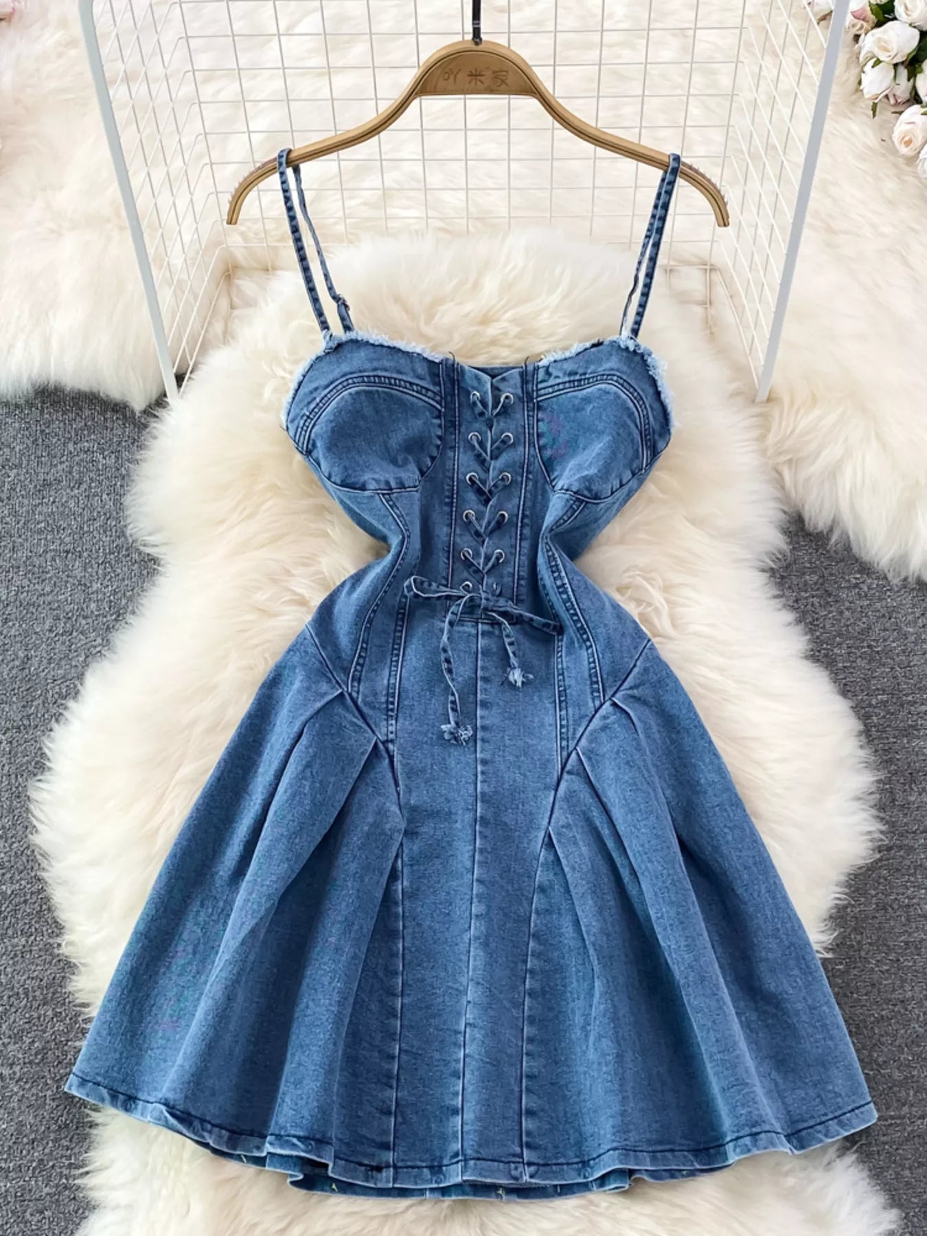 Lace-Up Denim A-Line Mini Dress Shopimist
