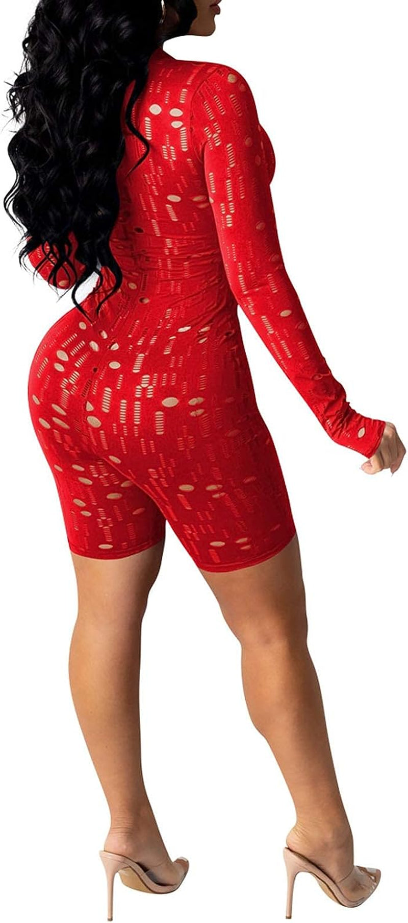 Women Sexy V Neck One Piece Outfits Long Sleeve Solid Color See through Skinny Short Pants Club Romper Jumpsuit Red 2XL