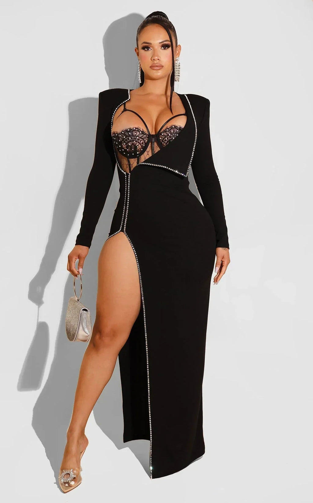 Sexy Gala Mesh Bodysuit Lace Top Zippered Slit Maxi Dress